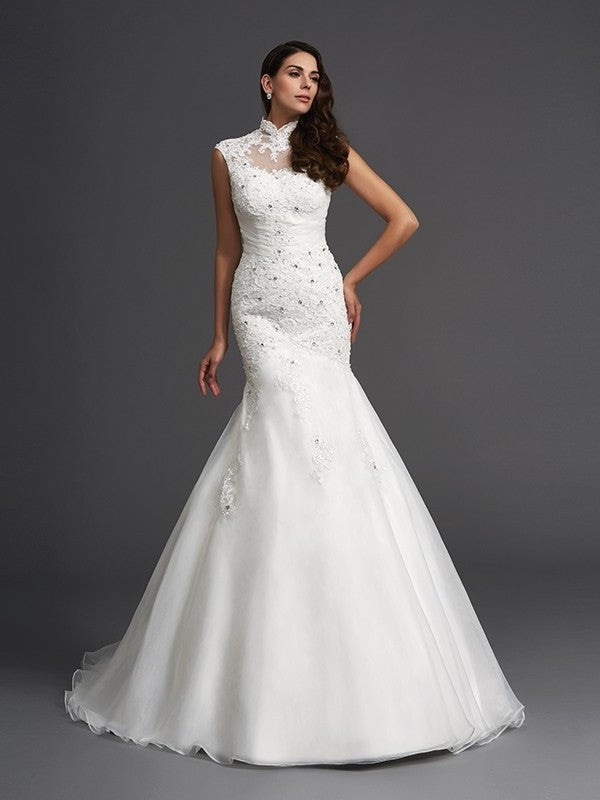 Neck Beading Trumpet/Mermaid Long Sleeveless High Organza Wedding Dresses