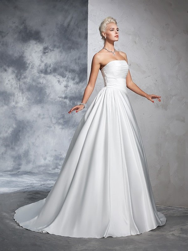 Sleeveless Ball Ruched Long Gown Strapless Satin Wedding Dresses