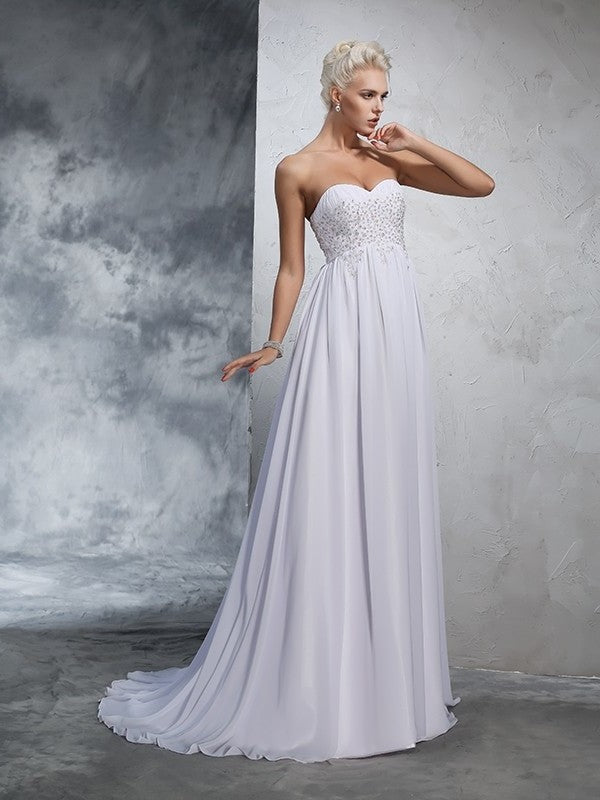 A-Line/Princess Sweetheart Beading Long Sleeveless Chiffon Wedding Dresses