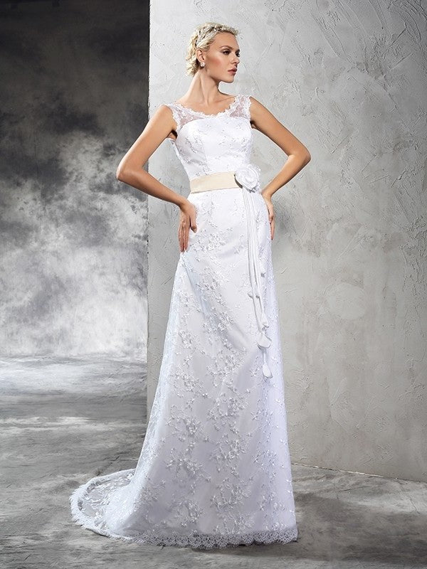 Sleeveless Sheath/Column Neck Long Flower Sheer Hand-Made Satin Wedding Dresses