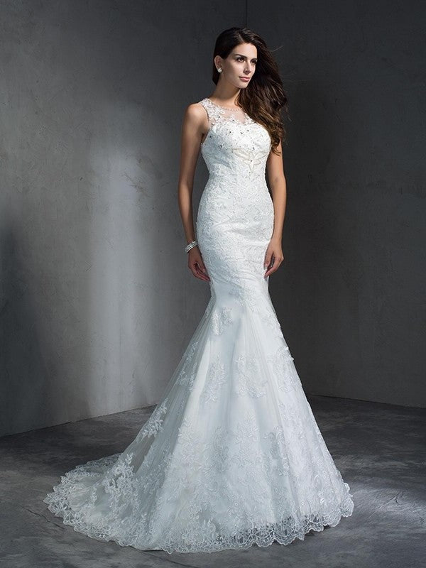 Applique Long Sleeveless Scoop Trumpet/Mermaid Lace Wedding Dresses