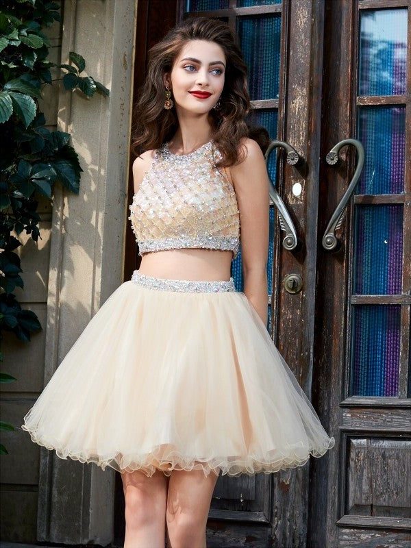 Sleeveless Beading A-Line/Princess Short/Mini Scoop Two Net Piece Homecoming Dresses