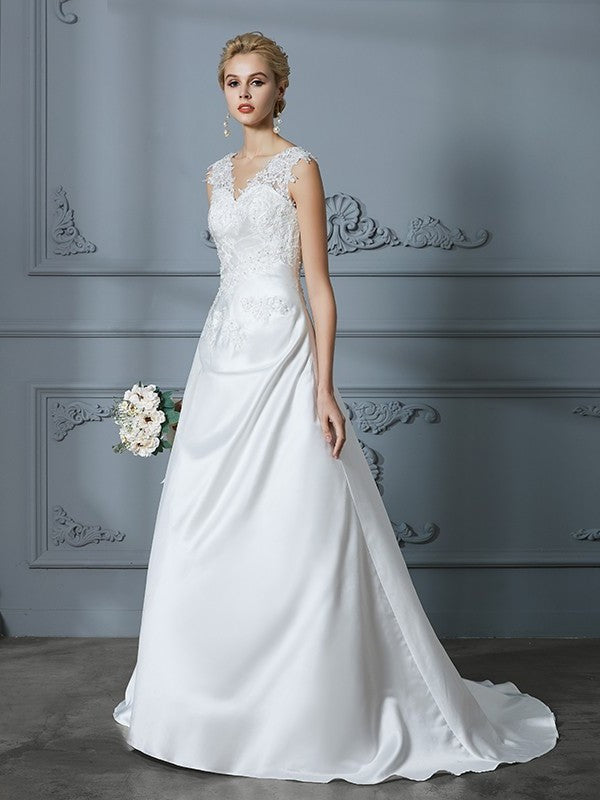 A-Line/Princess V-neck Sleeveless Sweep/Brush Applique Train Satin Wedding Dresses