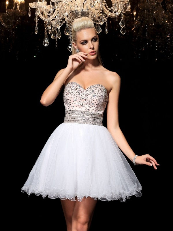 A-Line/Princess Homecoming Dresses Sweetheart Beading Caitlin Sleeveless Short Net Cocktail Dresses