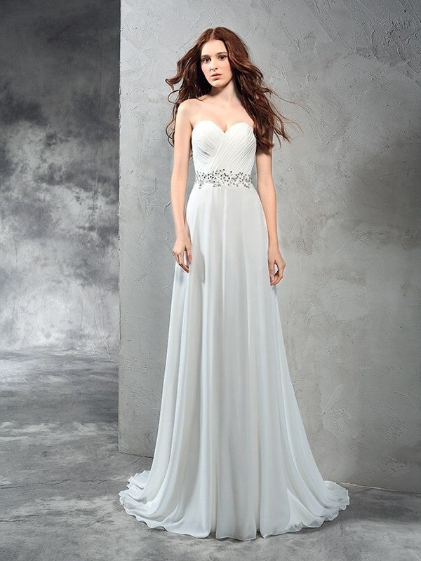 Pleats Sleeveless Sweetheart Long A-Line/Princess Chiffon Wedding Dresses