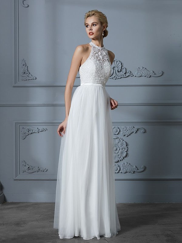 A-Line/Princess Scoop Tulle Sleeveless Floor-Length Wedding Dresses