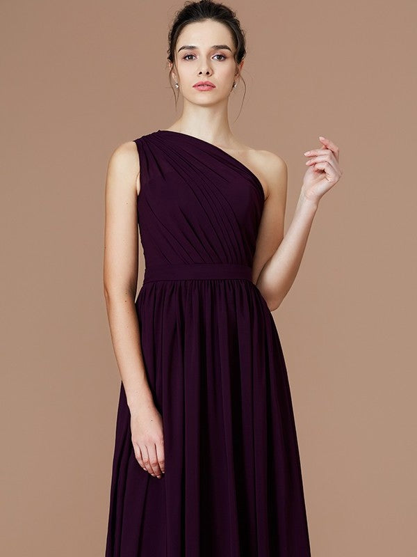 One-Shoulder Sleeveless A-Line/Princess Ruched Floor-Length Chiffon Bridesmaid Dresses