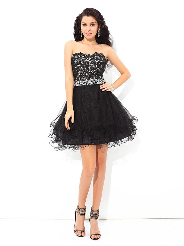 A-Line/Princess Sweetheart Cocktail Satin Homecoming Dresses Leanna Applique Sleeveless Short Dresses