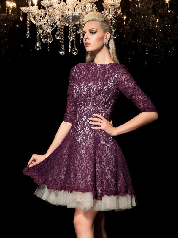 A-Line/Princess Marissa Sheer Neck Lace 1/2 Sleeves Short Lace Cocktail Homecoming Dresses Dresses