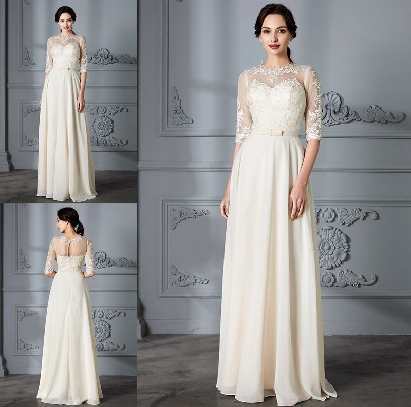 Floor-Length Scoop A-Line/Princess 1/2 Sleeves Chiffon Wedding Dresses