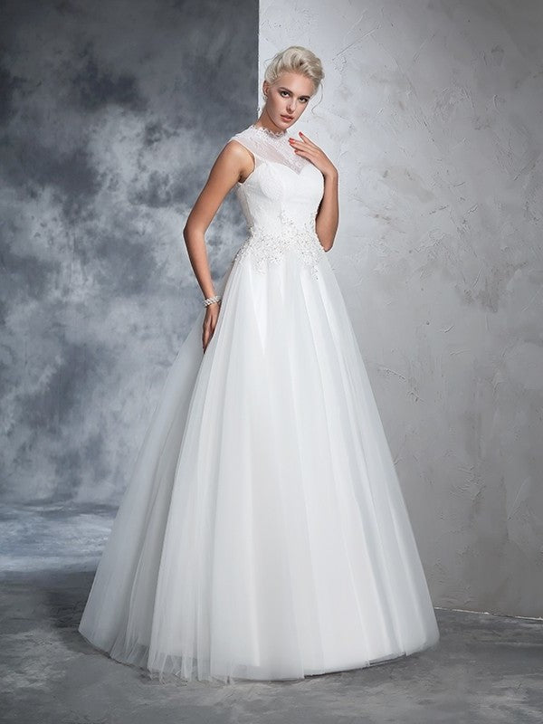 Neck High Long Ball Gown Sleeveless Applique Net Wedding Dresses