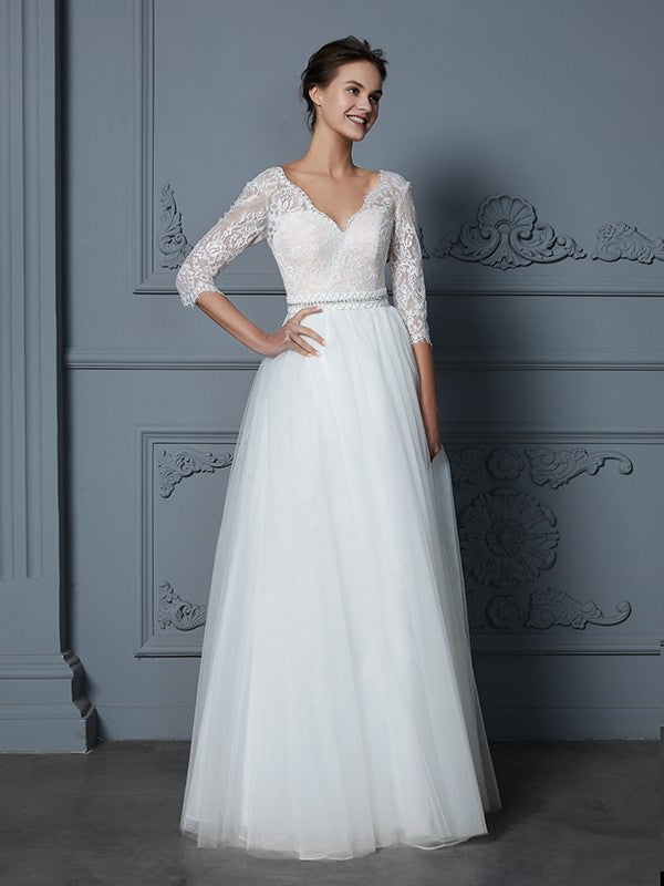 3/4 Lace V-neck Floor-Length A-Line/Princess Sleeves Tulle Wedding Dresses