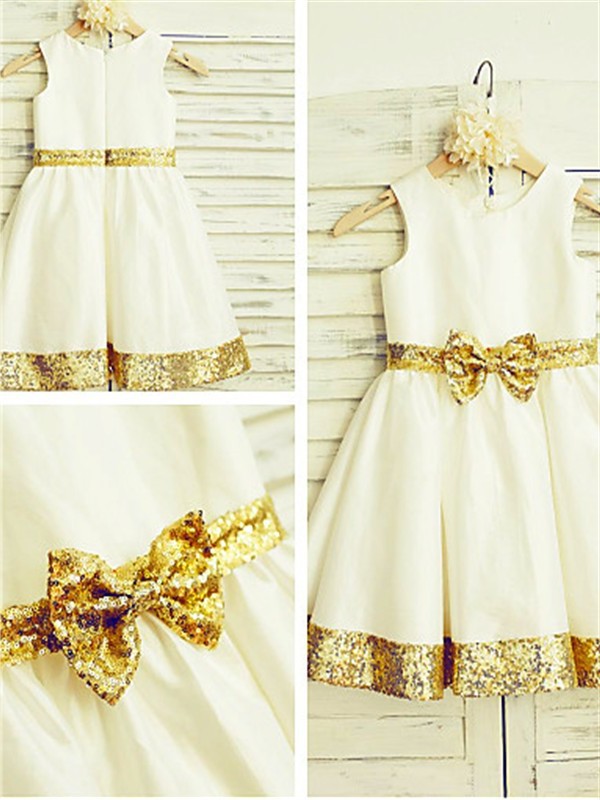 Tea-Length Sleeveless A-line/Princess Scoop Sequin Satin Flower Girl Dresses