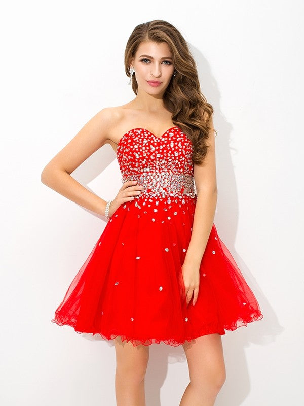 A-Line/Princess Sweetheart Beading Sleeveless Short Mackenzie Organza Homecoming Dresses Cocktail Dresses