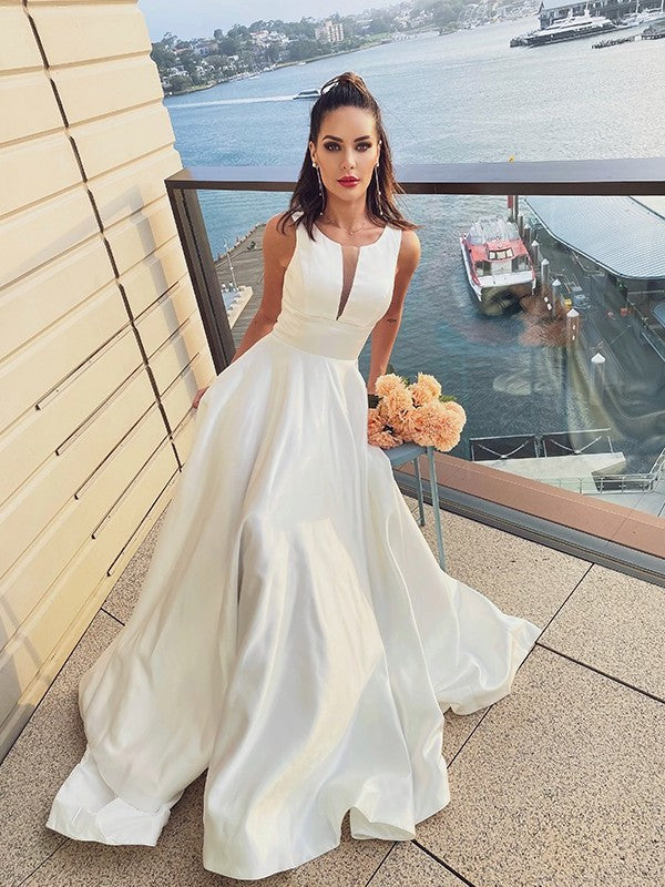 Scoop Ruffles Sweep/Brush A-Line/Princess Sleeveless Satin Train Wedding Dresses