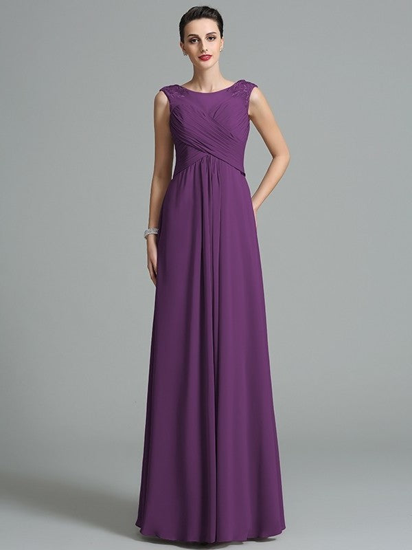 Long Sleeveless A-Line/Princess Ruched Scoop Chiffon Bridesmaid Dresses