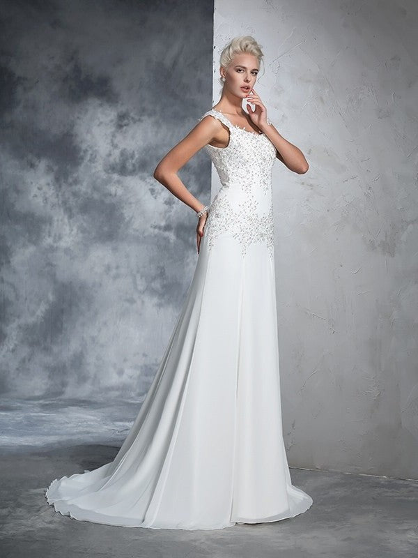 A-Line/Princess Sleeveless Straps Beading Long Chiffon Wedding Dresses