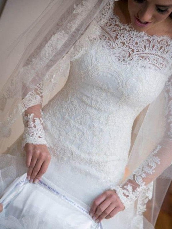 Lace Sweep/Brush Trumpet/Mermaid Off-the-Shoulder Long Applique Sleeves Train Tulle Wedding Dresses