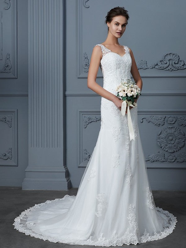 Lace Court Trumpet/Mermaid Sleeveless V-neck Train Tulle Wedding Dresses