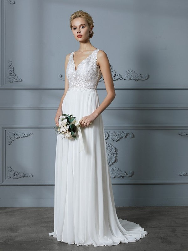 Train Sweep/Brush Sleeveless A-Line/Princess V-neck Chiffon Wedding Dresses