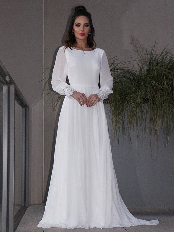 Long Chiffon Sweep/Brush A-Line/Princess Sleeves Scoop Ruffles Train Wedding Dresses