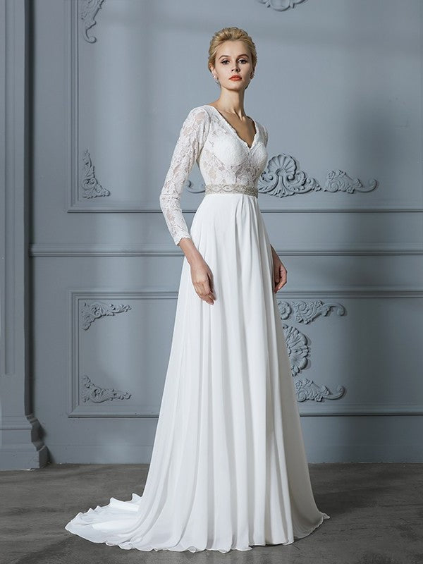 Lace V-neck Sweep/Brush A-Line/Princess Train Sleeves 3/4 Chiffon Wedding Dresses