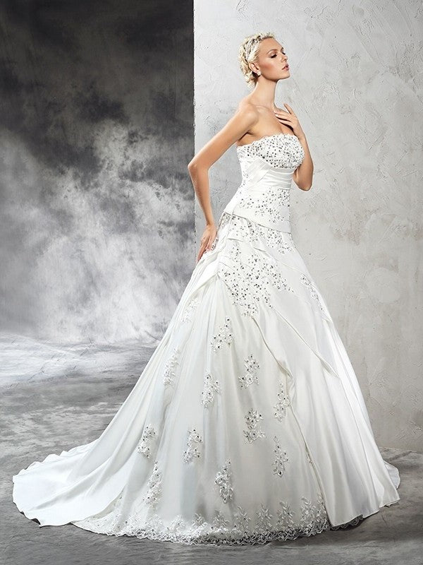 Long Ball Strapless Sleeveless Gown Beading Satin Wedding Dresses