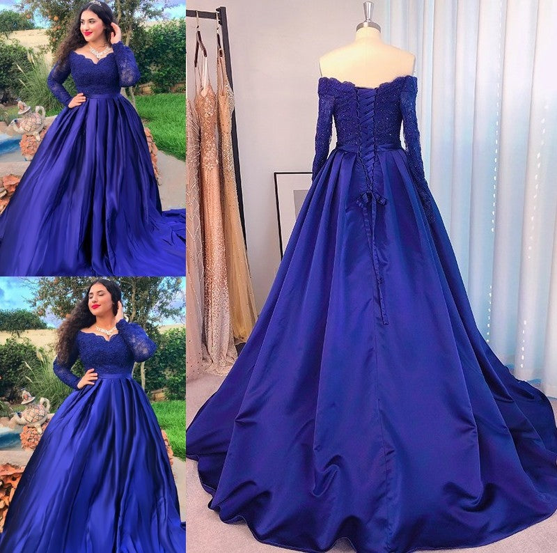 Ball Gown Long Off-the-Shoulder Satin Sleeves Beading Sweep/Brush Train Dresses