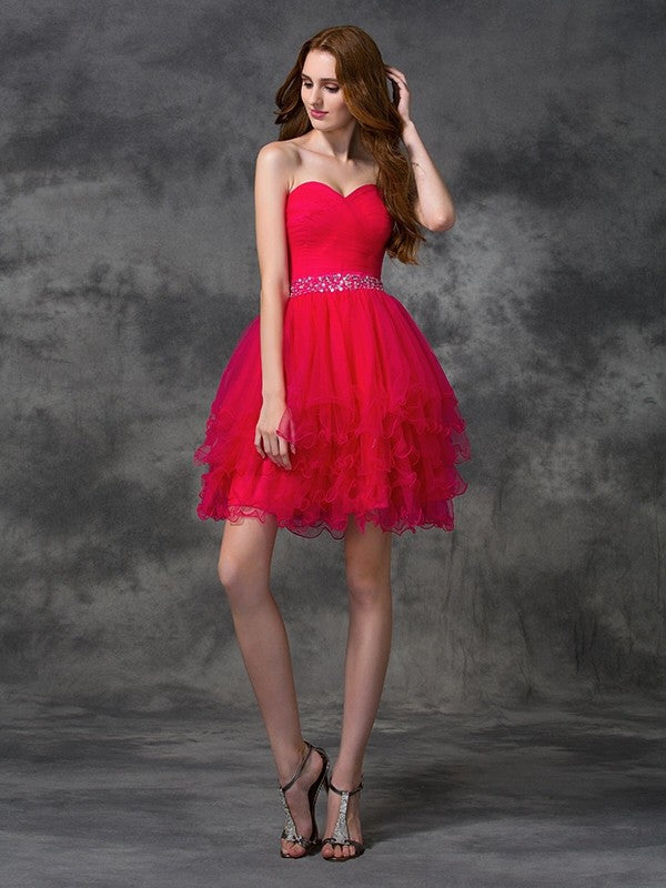 A-line/Princess Sweetheart Homecoming Dresses Beading Sleeveless Athena Short Satin Cocktail Dresses