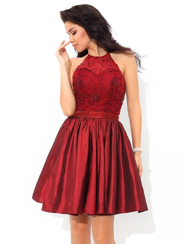 A-Line/Princess Kara Cocktail Homecoming Dresses Halter Beading Sleeveless Short Taffeta Dresses