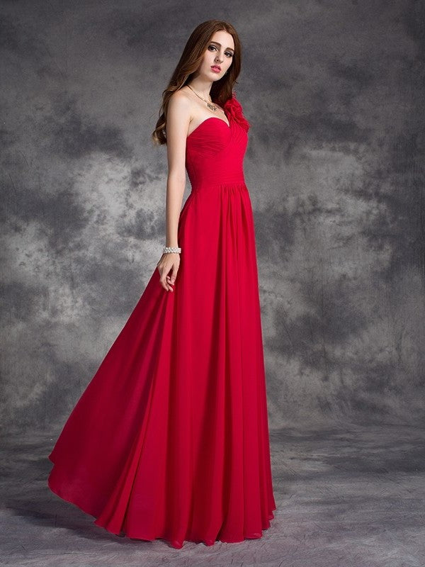 A-line/Princess Hand-Made Flower Sleeveless One-Shoulder Long Chiffon Dresses