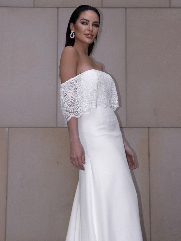 Sheath/Column Sweep/Brush Lace Short Ruffles Sleeves Off-the-Shoulder Train Wedding Dresses