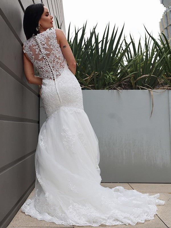 Trumpet/Mermaid Tulle Sweep/Brush Lace V-neck Sleeveless Train Wedding Dresses