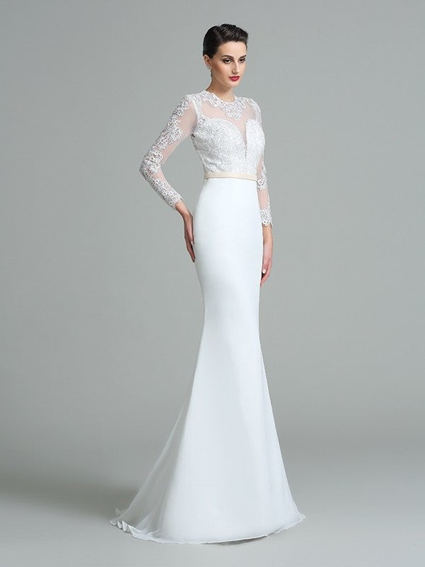 Lace Trumpet/Mermaid Long Sleeves Jewel Long Satin Wedding Dresses