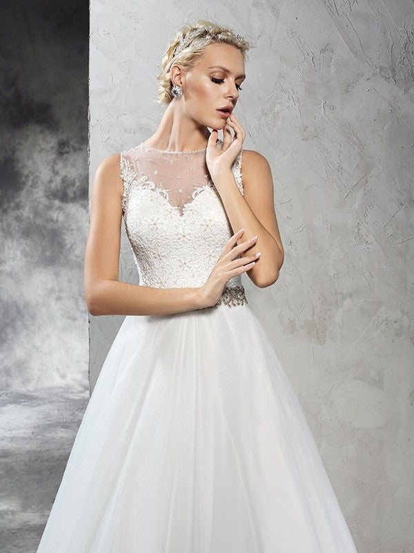 Sleeveless Neck Sheer A-Line/Princess Long Beading Net Wedding Dresses