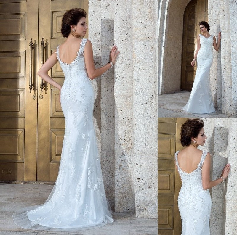 Sleeveless Trumpet/Mermaid Long Applique V-neck Net Wedding Dresses