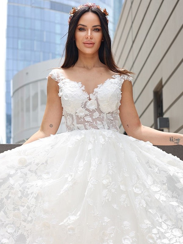 Tulle Sleeveless A-Line/Princess Applique V-neck Floor-Length Wedding Dresses