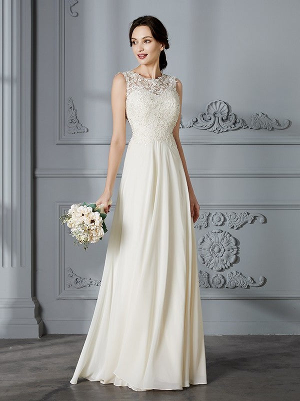 Scoop A-Line/Princess Chiffon Sleeveless Floor-Length Wedding Dresses