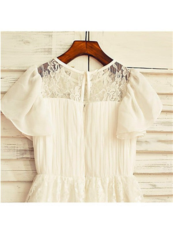 Short Tea-Length Chiffon A-line/Princess Sleeves Scoop Lace Flower Girl Dresses