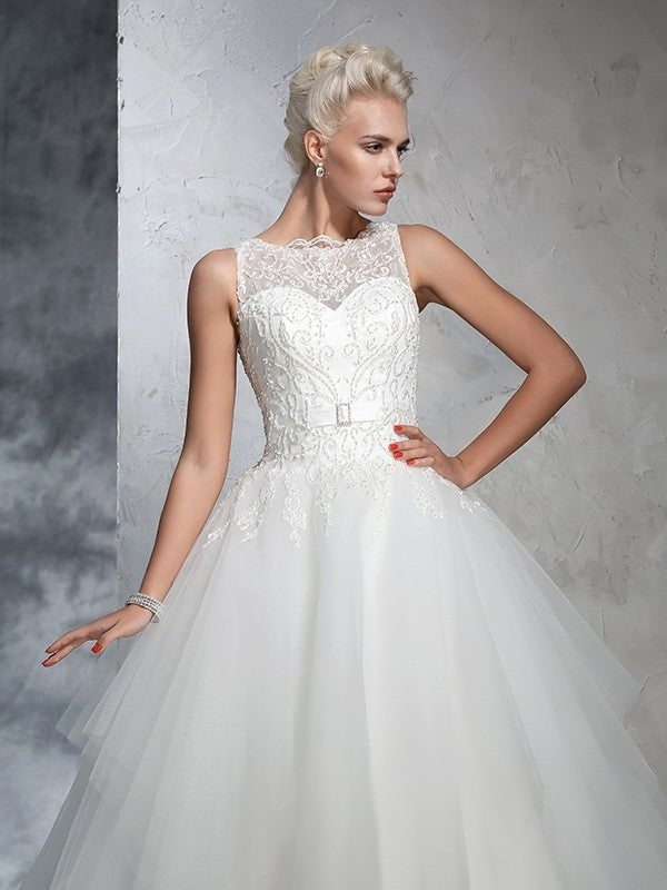 Gown Bateau Applique Long Ball Sleeveless Net Wedding Dresses