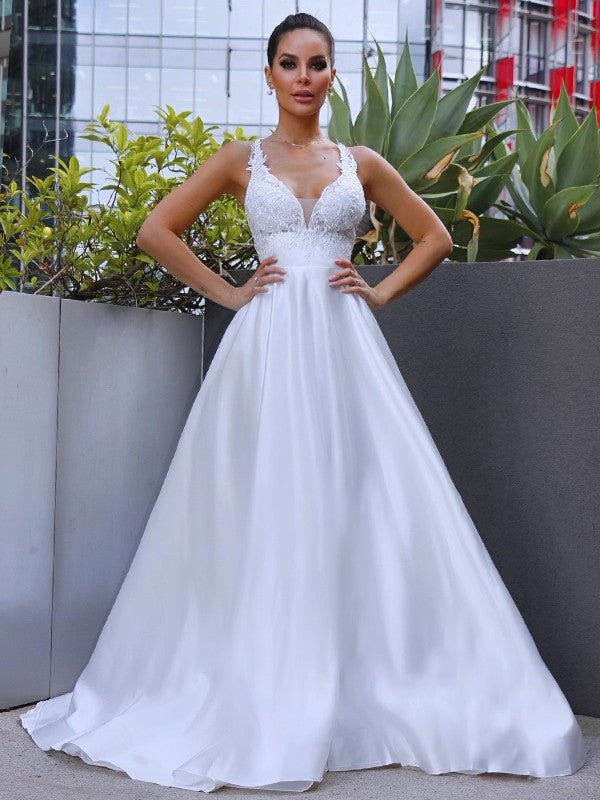 Satin Sleeveless Sweep/Brush Applique A-Line/Princess V-neck Train Wedding Dresses