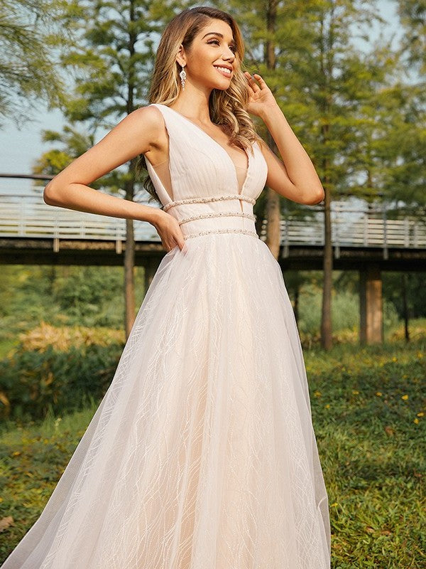 Tulle V-neck Ruffles A-Line/Princess Sweep/Brush Sleeveless Train Wedding Dresses