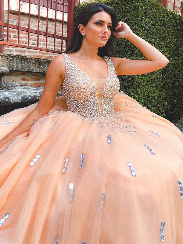 Gown V-neck Ball Beading Tulle Sleeveless Floor-Length Dresses