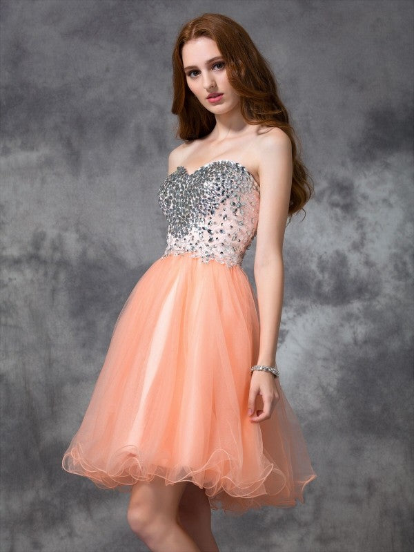 A-line/Princess Spaghetti Straps Beading Sleeveless Short Homecoming Dresses Net Cocktail Mariam Dresses