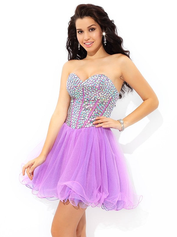 A-Line/Princess Sweetheart Paillette Sleeveless Short Homecoming Dresses Sharon Net Cocktail Dresses