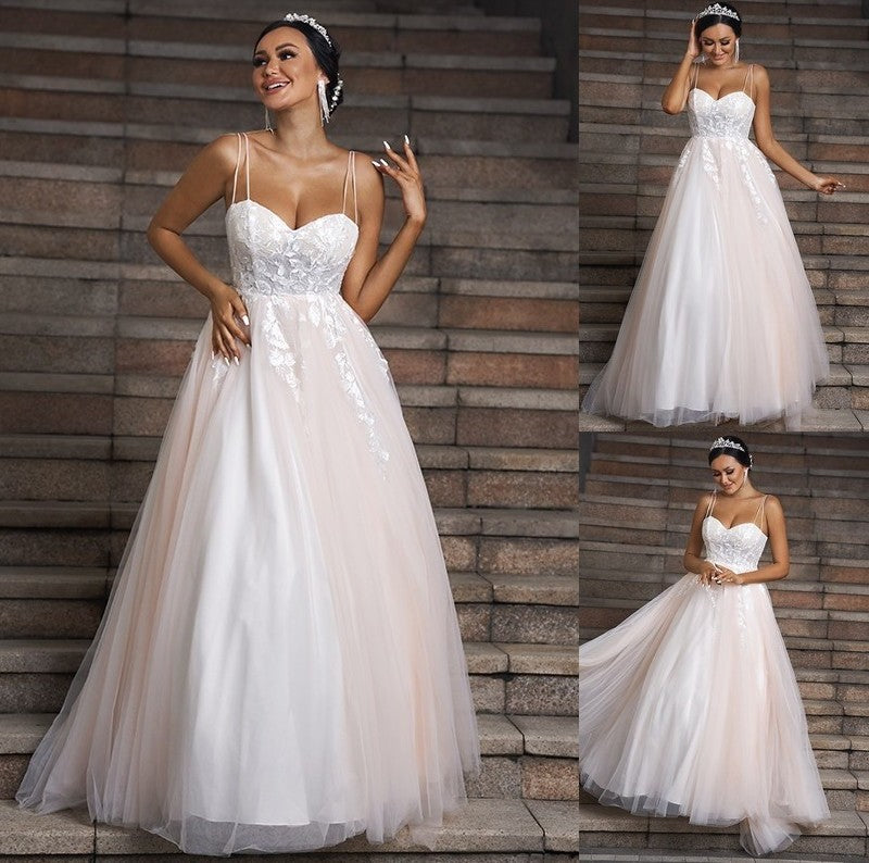 Sleeveless Tulle Applique A-Line/Princess Sweep/Brush Sweetheart Train Wedding Dresses