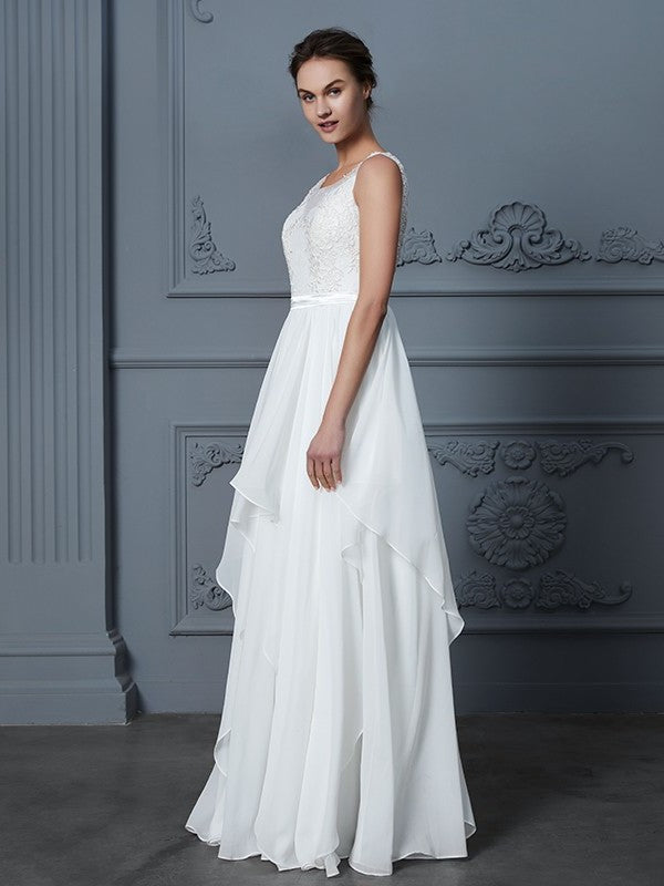 Ruffles Sleeveless A-Line/Princess Scoop Floor-Length Chiffon Wedding Dresses