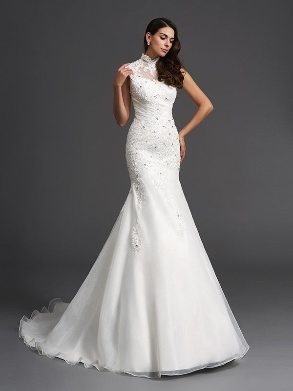 Neck Beading Trumpet/Mermaid Long Sleeveless High Organza Wedding Dresses