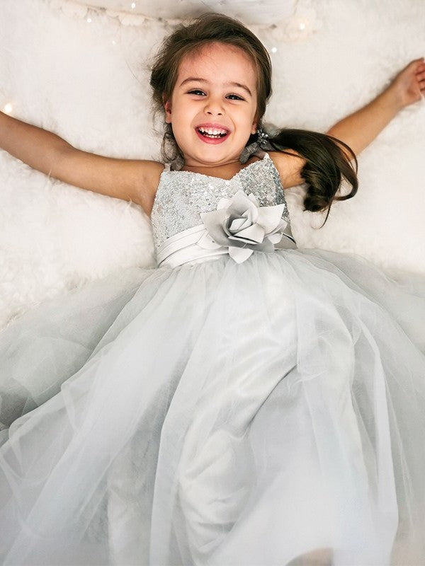 A-Line/Princess Sequin Tea-Length Spaghetti Tulle Sleeveless Straps Flower Girl Dresses