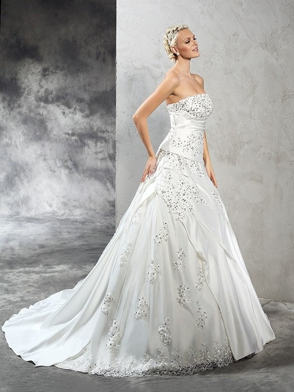 Long Ball Strapless Sleeveless Gown Beading Satin Wedding Dresses